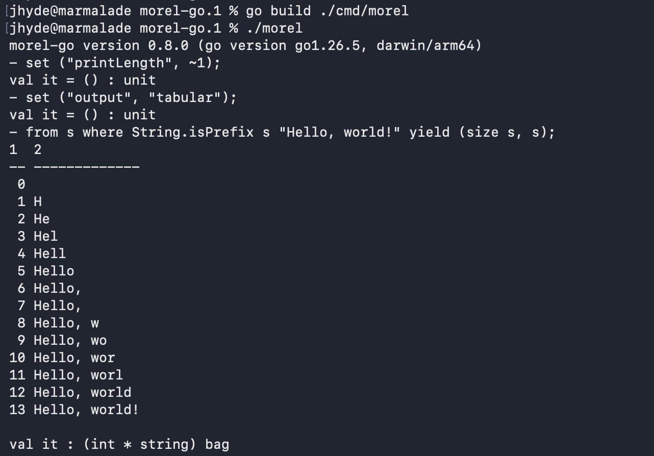 The morel-go shell, computing the prefixes of "Hello, world!"